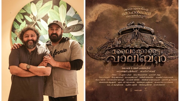 Lijo Jose Pellissery and Mohanlal and (right) Title poster of Malaikottai Valibhan