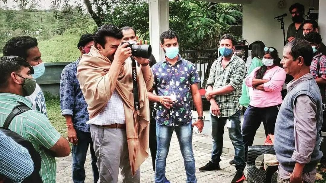 Mammootty and Indrans on the sets of Puzhu