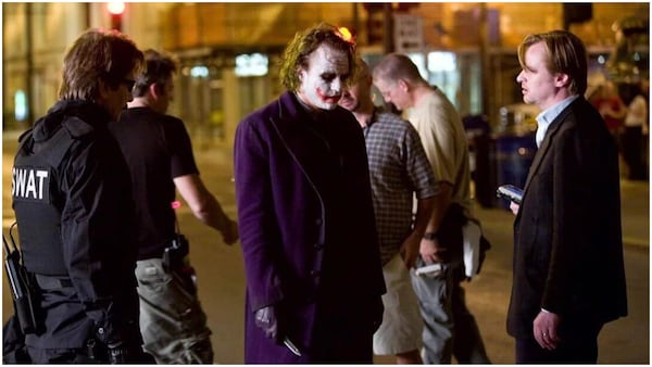 Christopher Nolan and Hath Ledger On The Sets Of The Dark Knight