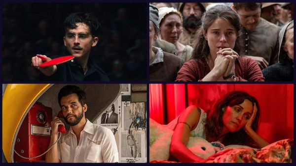 Stills from (clockwise): Timothee Chalamet in Marty Supreme, Jessie Buckley in Hamnet, Rose Byrne in If I Had Legs I’d Kick You, and Wagner Moura in The Secret Agent.