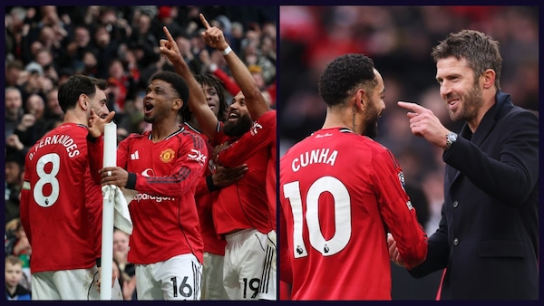 Michael Carrick with Matheus Cunha (right); Man UTD celebrating its victory in the match versus Man City.