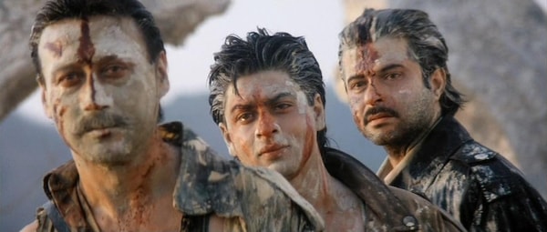 Jackie Shroff, Shah Rukh Khan, and Anil Kapoor in a still from Trimurti