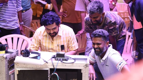 Karthi and C Prem Kumar on the sets of Meiyazahagan