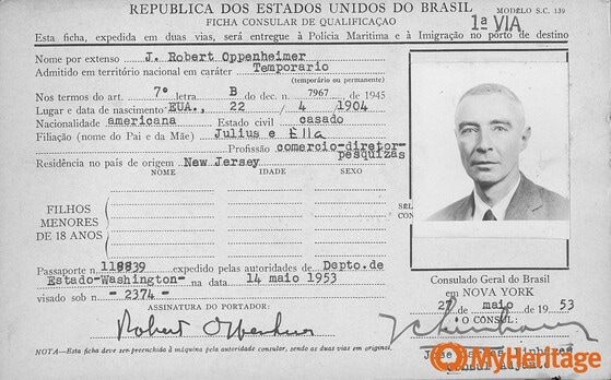 Robert Oppenheimer's 1953 Brazil immigration card | Courtesy: MyHeritage