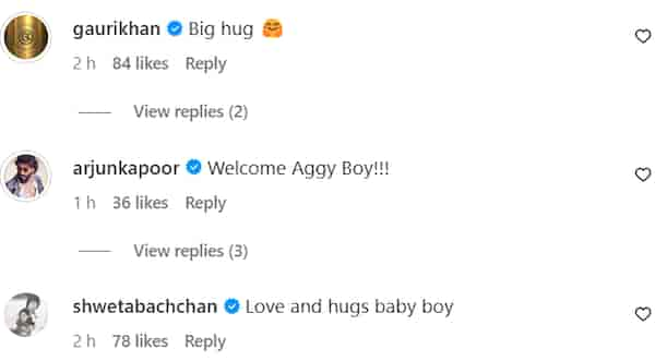 Comments on Agastya Nanda's Instagram post.