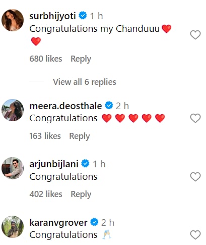 Celebrities congratulate Surbhi Chandna. (Courtesy: Instagram)