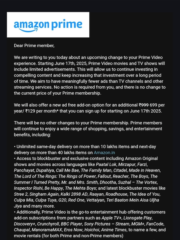 Amazon Prime Video's recent announcement