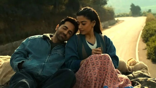 Ayushmann Khurrana and Rashmika Mandana in a still from Thamma.