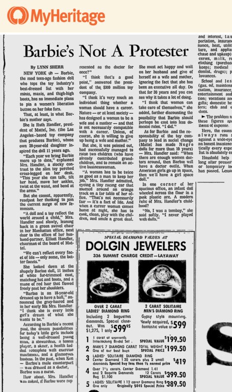 A Toledo Blade article in June 1970 in which Ruth Handler has been quoted as saying, “Barbie has no immediate plans to pin a women’s liberation button on her fake furs” | Courtesy: MyHeritage