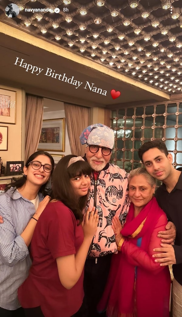 Amitabh Bachchan with Jaya Bachchan, Navya Naveli Nanda, Agastya Nanda, and Aaradhya Bachchan