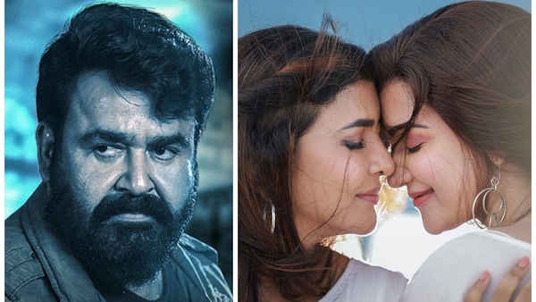 Mohanlal and (R) Lakshmi Manchu and Honey Rose in stills from Monster