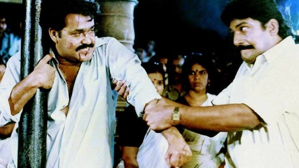 Mohanlal and Napolean in a still from Devasuram.