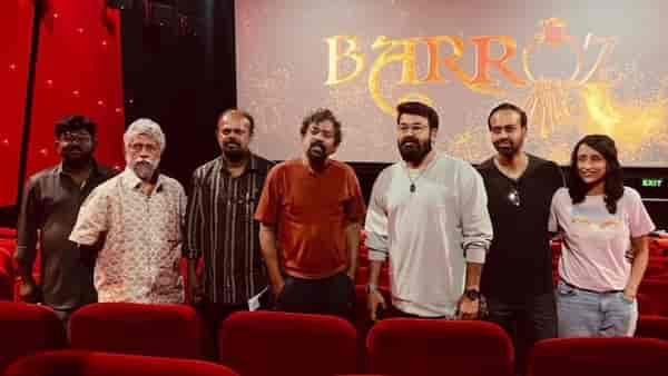 Mohanlal, Santhosh Sivan and team at Barroz trailer screening.