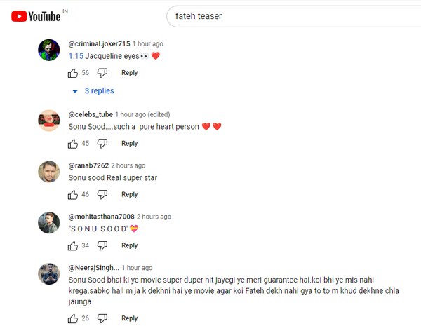 Comments on Fateh teaser by social media users.