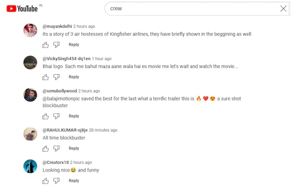 YouTube comments on Crew trailer.