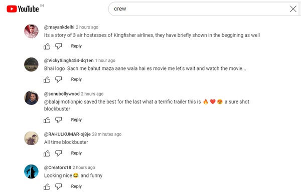 YouTube comments on Crew trailer.