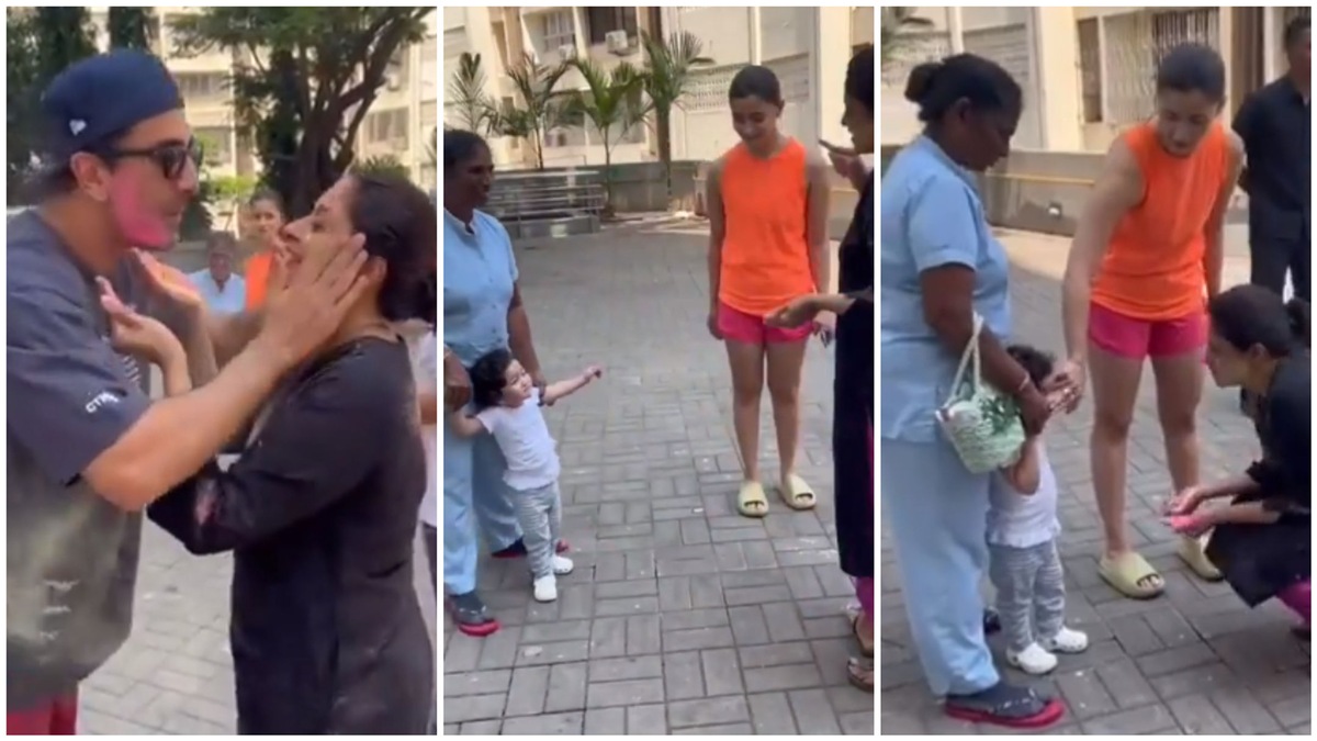 Ranbir Kapoor, Alia Bhatt celebrate Holi in their neighbourhood – Watch little Raha’s adorable reaction