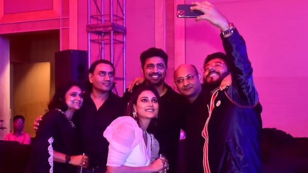 Nispal Singh, Dev, Srikant Mohta and Raj Chakraborty pose for a selfie along with other guests