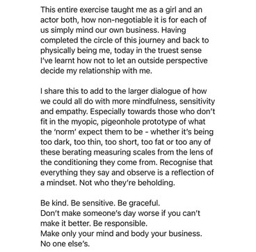 Kaur ended her note talking about the importance of being sensitive and kind. She also stressed on the importance of not giving people unsolicited advice.