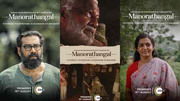 Official posters of Manorathangal segments Shilalikhitham, Swargam Thurakkunna Samayam, and Kazhcha.