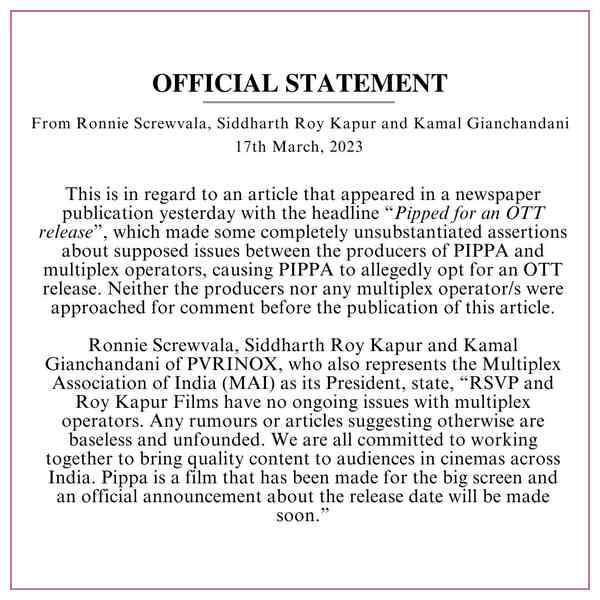 OFFICIAL STATEMENT FROM RONNIE SCREWVALA, SIDDHARTH ROY KAPUR AND KAMAL GIANCHANDANI