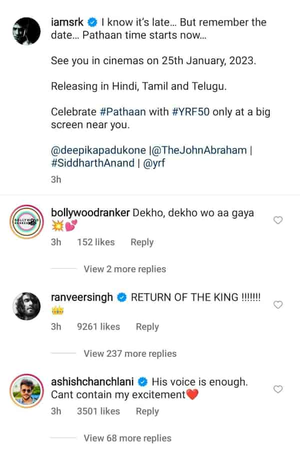 Pathaan - Ranveer Singh's comment for 'King' SRK.