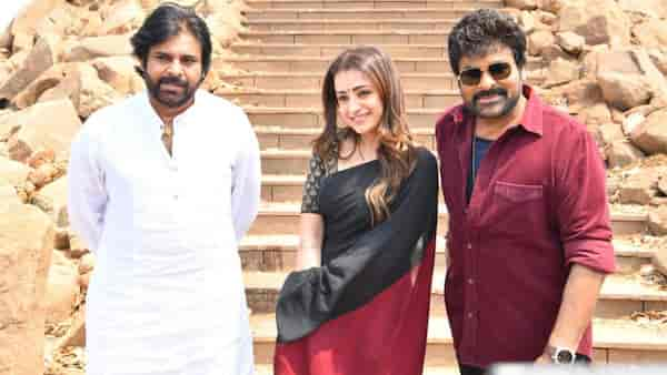 Pawan Kalyan visits Chiranjeevi and Trisha on Vishwambhara sets.