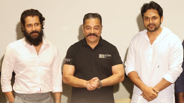Kamal Haasan with Vikram and Karthi during the screening of Ponniyin Selvan