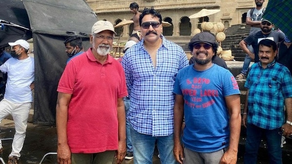 Mani Ratnam with actor Rahman on the sets of Ponniyin Selvan