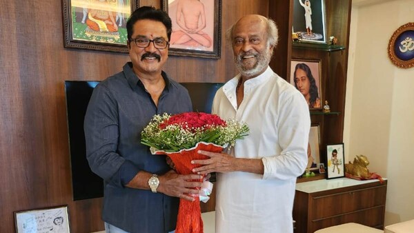 Sarath Kumar receives praise from Rajnikanth for his role in Ponniyin Selvan, clicks pics with the Superstar