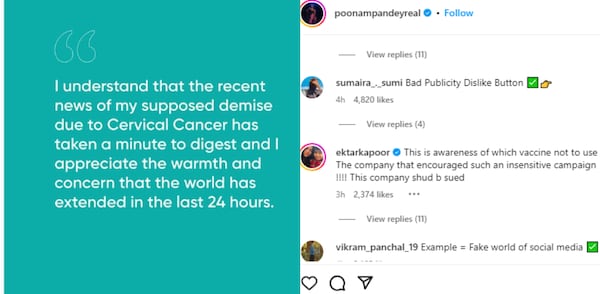 Poonam Pandey post reactions