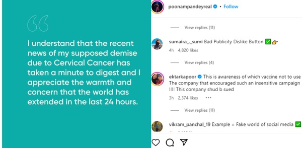 Poonam Pandey post reactions