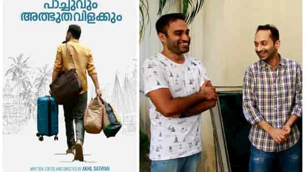 Poster of Pachuvum Athbhuthavilakkum and (right) Akhil Sathyan and Fahadh Faasil