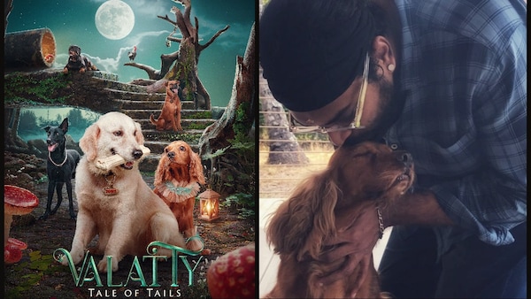 Poster of Valatty and (R) Devan with the Cocker Spaniel that plays Amalu in the film