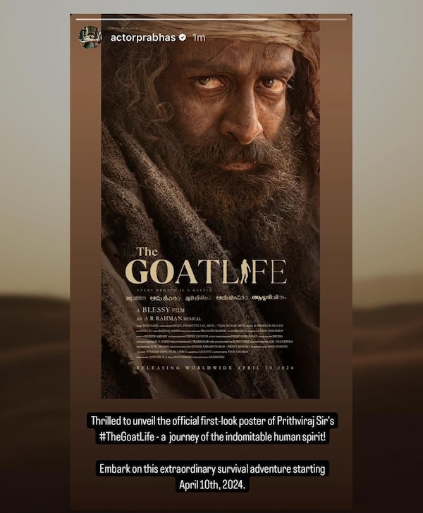 Prabhas unveils the first look poster of Aadujeevitham