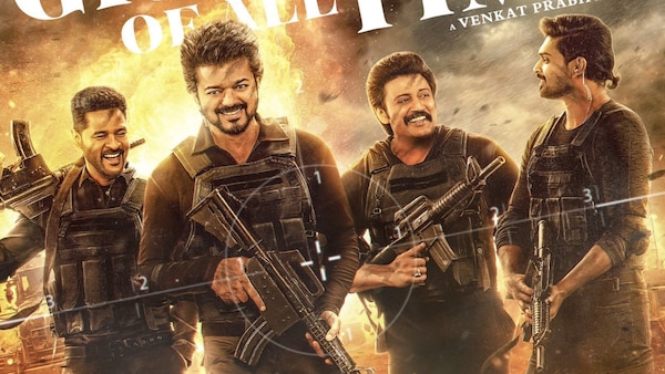 Prabhu Deva, Thalapathy Vijay, Prashanth, and Ajmal Ameer in The GOAT Squad poster