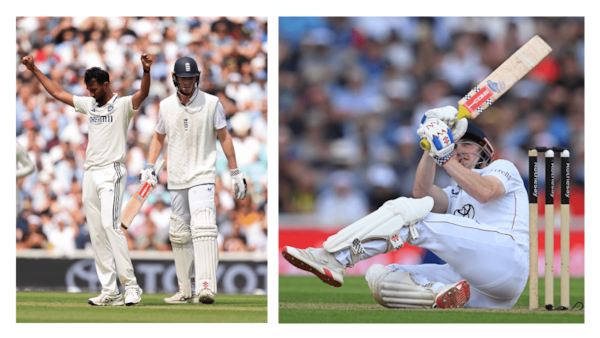 (L) Prasidh Krishna celebrates Zak Crawley's dismissal; (R) Harry Brook departs for 53. Photos via BCCI, England Cricket