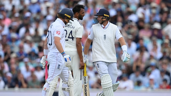 Prasidh Krishna had some heated moments with Joe Root. Image | ICC on X