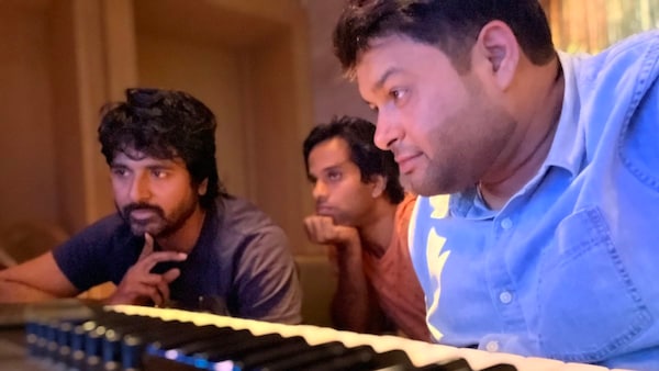Thaman releases a picture from the music recording session of Sivakarthikeyan, Anudeep's Prince