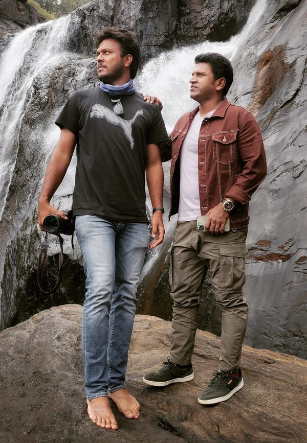 Chandan with Puneeth on the set of James