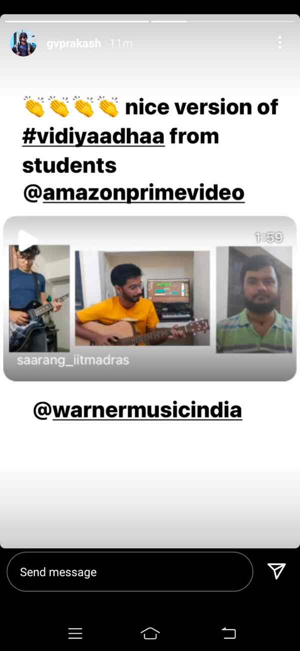 GV Prakash shared the rendition on his Instagram story