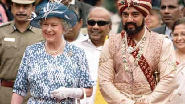 Queen Elizabeth II during her visit to the set of Kamal Haasan's Marudhanayagam