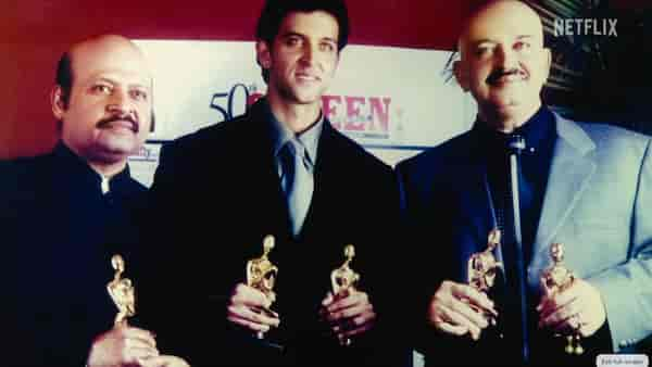 Rajesh Roshan, Hrithik Roshan and Rakesh Roshan (from left to right) in a still from The Roshans.