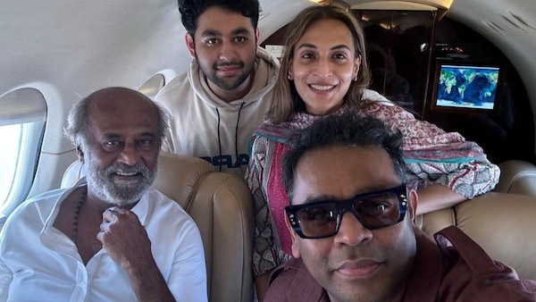 Rajinikanth poses with AR Rahman and Aishwarya inside a private jet, picture goes viral