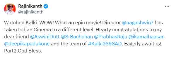 Rajinikanth's post on Kalki 2898 AD.