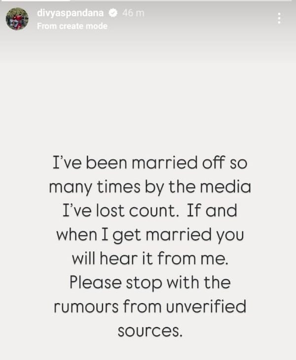 Ramya's IG story about the wedding rumours