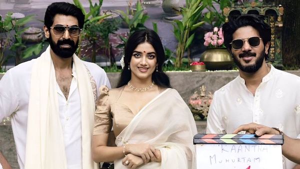 Rana Daggubati, Bhagyashri Borse, and Dulquer Salmaan at Kaantha launch event.