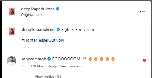 Ranveer Singh's comment on Deepika Padukone's post.