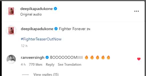 Ranveer Singh's comment on Deepika Padukone's post.