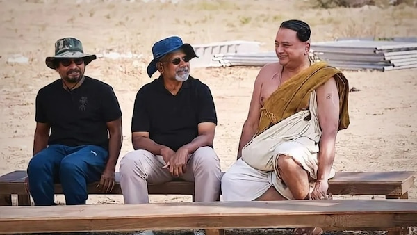 Ravi Varman, Mani Ratnam and Jayaram on the sets of Ponniyin Selvan